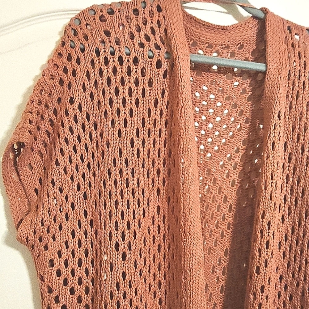 Pink Open Front Cardigan with Loose Knit and Fringe Nwot - Picture 3 of 5